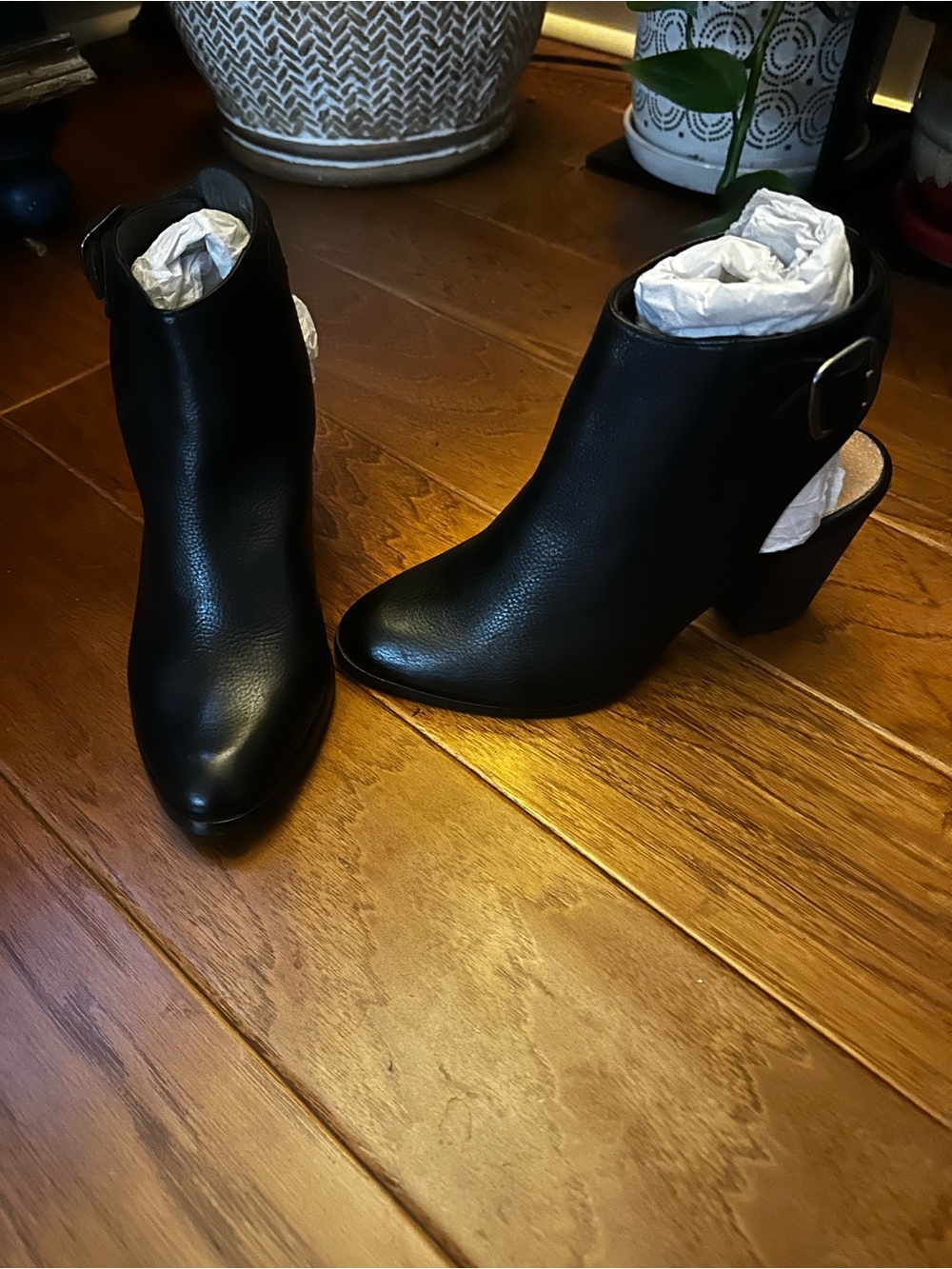 Women's Black Leather Open-Back Ankle Booties with Buckle Size 7